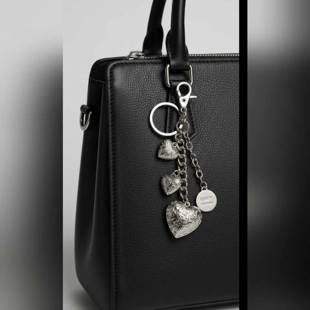KATHY VAN ZEELAND Heart Silver Tone Metal Puffy Heart Charm Keychain Key Ring 6"